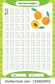 Number 3. Three Tracing Worksheet. Orange Peach fruit. Preschool worksheet, practicing motor skills - tracing dashed lines. A4 green grid.