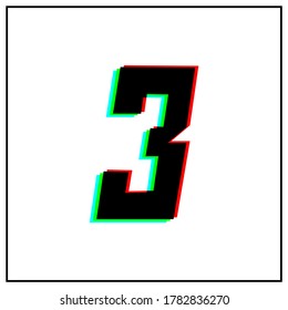 Número 3, tres logotipo de diseño vectorial.Dinámico, de dos colores, sombra de número rojo, verde, azul en marco negro sobre fondo blanco.
