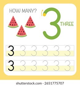 Number 3 - Three watermelons- Learning and writing number - Number drawing activity