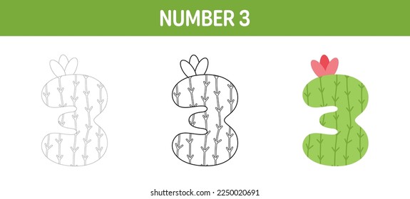 Number 3 tracing and coloring worksheet for kids
