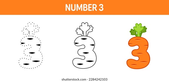 Number 3 tracing and coloring worksheet for kids