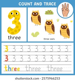 Number 3 tracing worksheet for kids. Learning numbers activity page for pre-school. Count and trace template with a cute owl. Vector illustration