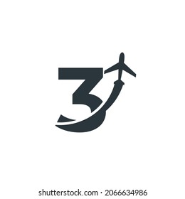 Number 3 Travel with Airplane Flight Logo Design Template Element