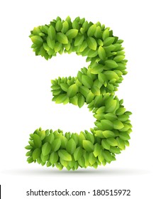 Number 3, vector alphabet of green leaves  on white background