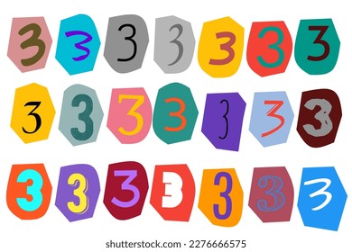 Number 3 - vector cut newspaper and magazine letters, paper style ransom note letter