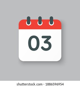 Number 3 - vector icon calendar days. 3th day of the month. Illustration flat style. Date of week, month, year Sunday, Monday, Tuesday, Wednesday, Thursday, Friday, Saturday. Holiday calendare date