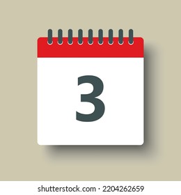 Number 3 - vector icon calendar days. 3th day of the month. Illustration flat style. Date of week, month, year Sunday, Monday, Tuesday, Wednesday, Thursday, Friday, Saturday. Holiday calendare date