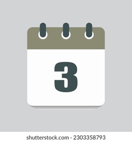 Número 3 - días de calendario de iconos vectoriales. 3.º día del mes. Ilustración de estilo plano. Fecha de la semana, mes, año domingo, lunes, martes, miércoles, jueves, viernes, sábado. Fecha de calendario de vacaciones