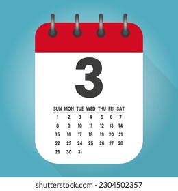 Number 3 - vector icon calendar days. 3th day of the month. Illustration flat style. Date of week, month, year Sunday, Monday, Tuesday, Wednesday, Thursday, Friday, Saturday. Holiday calendare date
