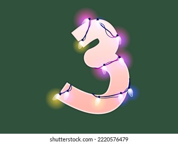 Number 3 vector illustration. Digits with glowing Christmas lights and bulbs. Counting figure for decoration. Festive set in playful style. Glowing three sign