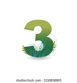 Number 3 vector illustration with twigs, leaves and grass. Natural style.