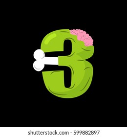 Number 3 zombie. Monster Font three. bones and brains alphabet sign. Green ABC symbol