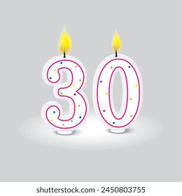 Number 30 birthday candles with colorful polka dots. Milestone celebration design. Vector illustration. EPS 10. svg