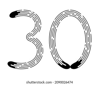 Number 30 from black dotted lines isolated on white background. Design element. Vector illustration