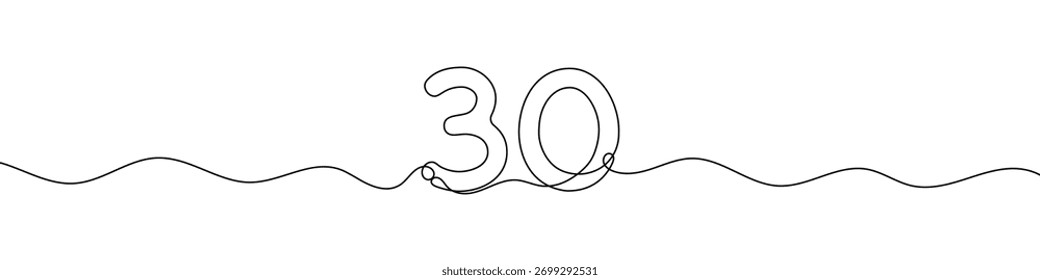 Number 30 continuous line vector illustration. Minimalist monoline drawing style for birthday, anniversary, or milestone celebration design.