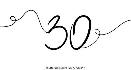 Nummer 30 Linien Kunstzeichnung auf weißem Hintergrund. 30. Geburtstag ununterbrochene Ziehung Kontur. Minimale Vektorgrafik