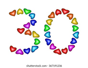 Number 30 made of multicolored hearts on white background