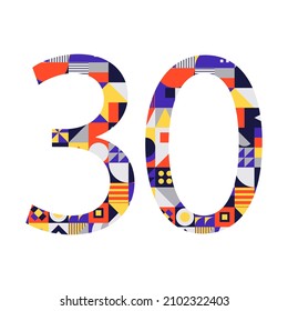 Number 30 from multicolored geometric shapes isolated on white. Neo geo. Illustration