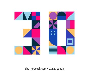 Number 30 from multicolored geometric shapes, cubes isolated on white. Neo geo. Vector illustration