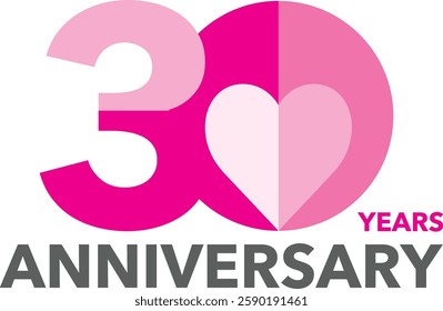 The number 30 is pink, with a heart inside the zero and the word anniversary in gray at the bottom.