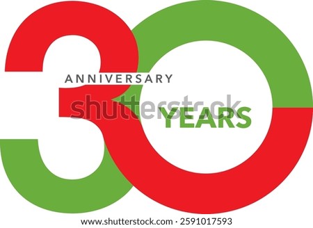 The number 30 is red and green, and the word anniversary is gray, and the word years is green.