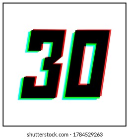 Number 30, thirty vector desing logo.Dynamic, split-color, shadow of  number red, green, blue in black frame on white background.For social media,design elements, anniversary celebration greeting