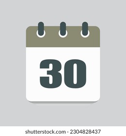 Número 30 - días de calendario de iconos vectoriales. 30.º día del mes. Ilustración de estilo plano. Fecha de la semana, mes, año domingo, lunes, martes, miércoles, jueves, viernes, sábado. Fecha de calendario de vacaciones