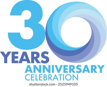 number of 30 years anniversary celebration logo style in blue monochrome circle shape, isolated on white background.