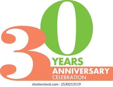 number of 30 years anniversary celebration logo style in orange and green, isolated on white background.