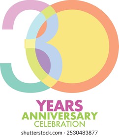 number of 30 years anniversary celebration logo style in various pastel color, isolated on white background.