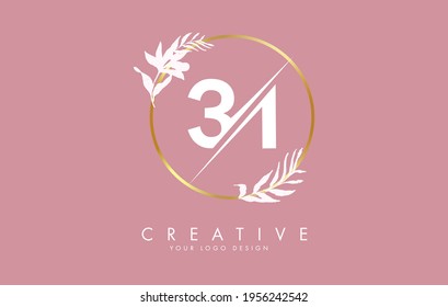 Number 31 3 1 logo design with golden circle and white leaves on branches around. Vector Illustration with numbers 3 and 1 for personal branding, business, eco friendly or natural products. 
