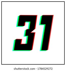 Número 31, treinta y un logo de diseño vectorial.Dinámico, de dos colores, sombra de rojo número, verde, azul en marco negro sobre fondo blanco.Para medios sociales, elementos de diseño, saludo de celebración de aniversario