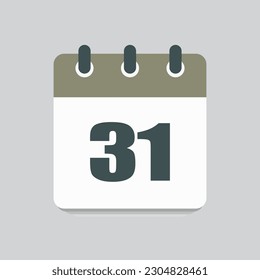 Number 31 - vector icon calendar days. 31th day of the month. Illustration flat style. Date of week, month, year Sunday, Monday, Tuesday, Wednesday, Thursday, Friday, Saturday. Holiday calendare date