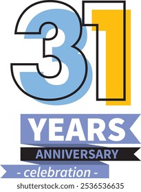 number 31 years anniversary celebration logo style black line with blue and yellow color, isolated on white background.