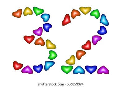 Number 32 of colorful hearts on white. Symbol for happy birthday, event, invitation, greeting card, award, ceremony. Holiday anniversary sign. Multicolored icon. Thirty two in rainbow colors. Vector