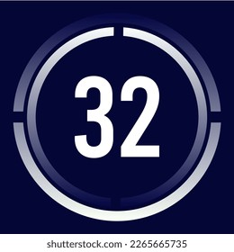 Number 32 design for business, print, books, movies, time-counting, companies in white, blue and blue gradient colors with half circles.