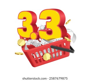 Number 3.3 3D yellow with red edge, receipt paper, gold coins place in red basket for MEGA SALE campaign advertising design, vector 3d isolated on white background for banner advertising promotion