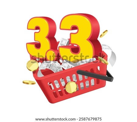 Number 3.3 3D yellow with red edge, receipt paper, gold coins place in red basket for MEGA SALE campaign advertising design, vector 3d isolated on white background for banner advertising promotion