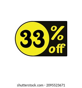 number 33 % off, discount for stores, discount icons to place on websites in yellow and black, original art.