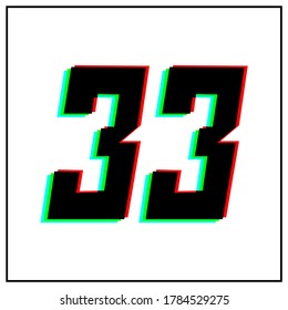 Número 33, treinta y tres logotipo de diseño vectorial.Dinámico, de dos colores, sombra de rojo número, verde, azul en marco negro sobre fondo blanco.Para medios sociales, elementos de diseño, celebración de aniversario 
