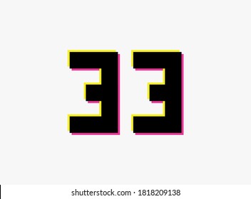 Number 33 vector desing logo. Dynamic, split-color, shadow of  number pink and yellow on white background. For social media,design elements, creative poster, anniversary celebration, greeting and web 