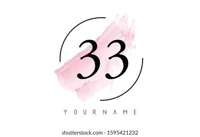Number 33 Watercolor Stroke Logo with Circular Shape and Pastel Pink Brush Vector Design