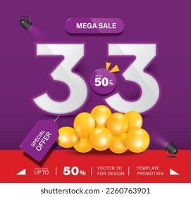 Número 3.3 blanco 3D con etiqueta de descuento 50% colocado en medio y hay globo amarillo en primer plano con un signo de promoción de oferta especial,vector para 
promoción de venta de maga en tres días de tres meses