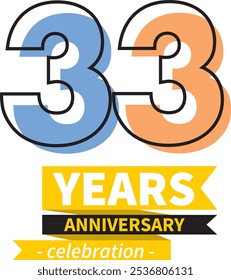 number 33 years anniversary celebration logo style black line with blue and orange color, isolated on white background.