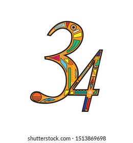 the number 34 with ethnic ornaments art and colors