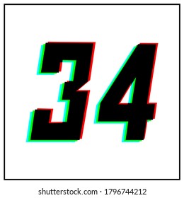 Number 34, thirty four vector desing logo.Dynamic, split-color, shadow of  number red, green, blue in black frame on white background.For social media,design elements, anniversary celebration greeting
