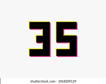 Logo de diseño vectorial número 35. Dinámico, de dos colores, sombra del número rosa y amarillo sobre fondo blanco. Para medios sociales, elementos de diseño, afiche creativo, celebración de aniversario, saludo y web 