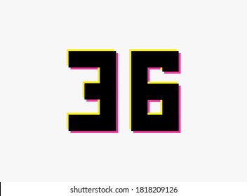 Number 36 vector desing logo. Dynamic, split-color, shadow of  number pink and yellow on white background. For social media,design elements, creative poster, anniversary celebration, greeting and web 