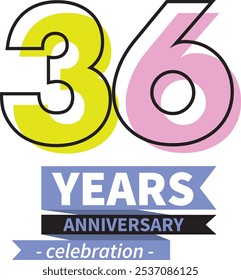 number 36 years anniversary celebration logo style black line with green and light pink color, isolated on white background.