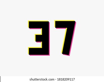 Number 37 vector desing logo. Dynamic, split-color, shadow of  number pink and yellow on white background. For social media,design elements, creative poster, anniversary celebration, greeting and web 